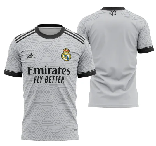 Camisa com logo no peito e uma estampa grande nas costas, com design inspirado no conceito do Real Madrid 2021, exibindo detalhes modernos e elegante combinação de cores.