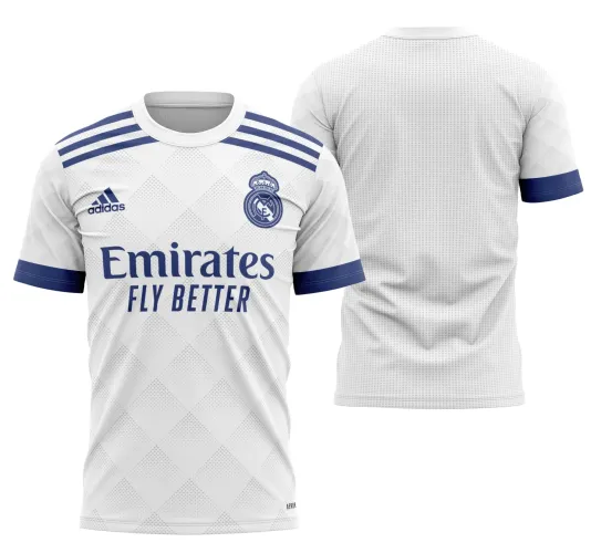 Camisa com logo no peito do Real Madrid e estampa grande nas costas, exibindo design moderno e sofisticado inspirado na temporada 2021 com detalhes que destacam a paixão pelo futebol espanhol