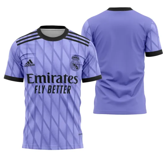 Foto da camisa conceitual do Real Madrid 2022 com logo no peito e estampa grande nas costas destacando o estilo moderno e esportivo do uniforme