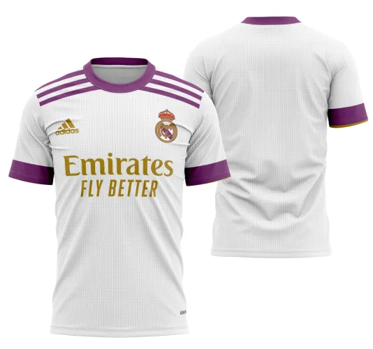 Camisa branca com logo no peito do Real Madrid em destaque e estampa grande nas costas simulando o conceito de design do time em 2022