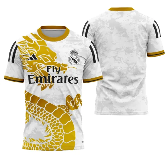 Camisa branca com o logo no peito e estampa grande nas costas mostrando detalhes modernos inspirados no design do Real Madrid 2023.