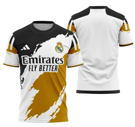 Camisa final com logo no peito e estampa grande nas costas, apresentando design moderno inspirado no Real Madrid 2023, combinando estilo esportivo e elegância para fãs e colecionadores.
