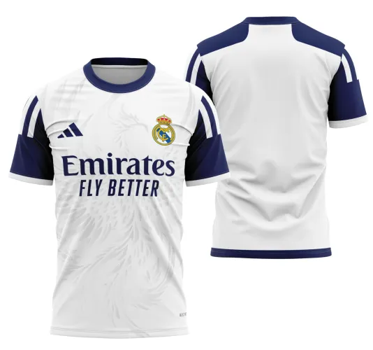 Camisa com logo do Real Madrid no peito e estampa grande nas costas, exibindo design moderno e sofisticado nas cores tradicionais do clube, ideal para fãs que valorizam estilo e autenticidade.