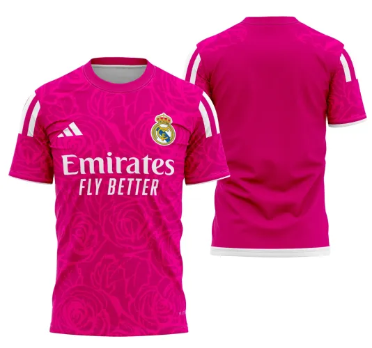 Imagem da camisa com logo no peito e estampa grande nas costas, mostrando um design moderno e elegante inspirado no Real Madrid 2023.