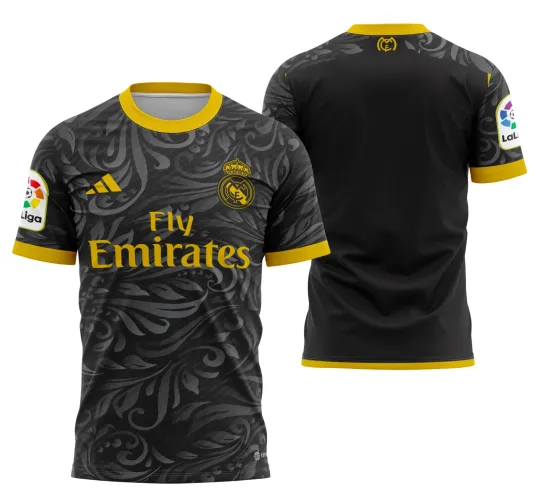 Camisa com logo no peito e estampa grande nas costas, exibindo design moderno inspirado no Real Madrid 2023, com detalhes sofisticados e estilo marcante para fãs e colecionadores.