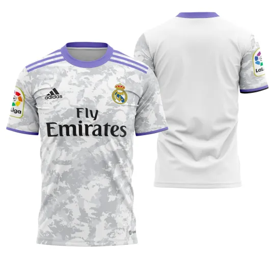 Camisa com logo no peito do Real Madrid e estampa grande nas costas exibindo design moderno e elegante inspirado no time 2023