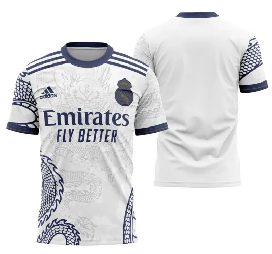Camisa do Real Madrid 2023 com logo no peito e estampa grande nas costas destacando detalhes únicos do design moderno e vibrante do time campeão.