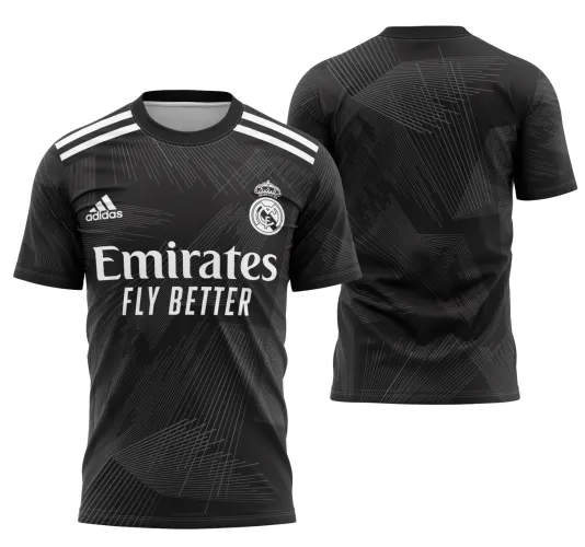 Camisa estilizada do Real Madrid 2023 com logo no peito e estampa grande nas costas exibindo um design moderno e vibrante que destaca a paixão pelo clube.