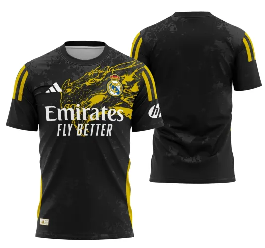 Camisa final do Real Madrid 2024 com logo no peito e estampa grande nas costas, mostrando design moderno e detalhes exclusivos em cores marcantes para os fãs do clube espanhol.