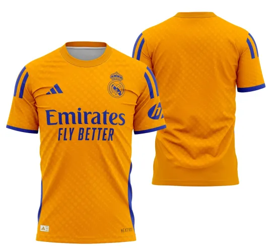 Camisa do Real Madrid com logo no peito e estampa grande nas costas destacando detalhes dinâmicos e modernos em combinação elegante de cores.