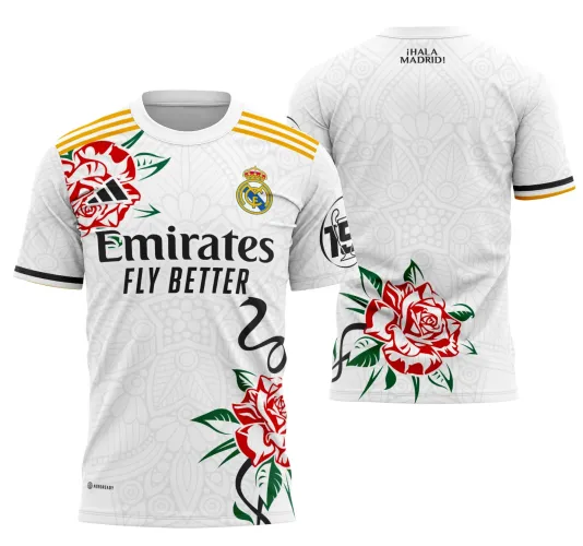 Camisa final do Real Madrid 2024 com logo no peito e estampa grande nas costas, destacando design moderno e sofisticado em tom clássico, perfeita para torcer com estilo e paixão.