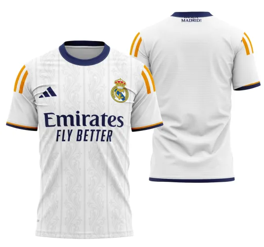 Camisa final do Real Madrid 2024 com logo no peito e estampa grande nas costas, destacando design moderno e detalhes exclusivos que capturam a essência do clube.