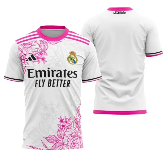 Camisa final do Real Madrid apresentada com logo no peito e estampa grande nas costas destacando design moderno e exclusivo inspirado no tema de 2024