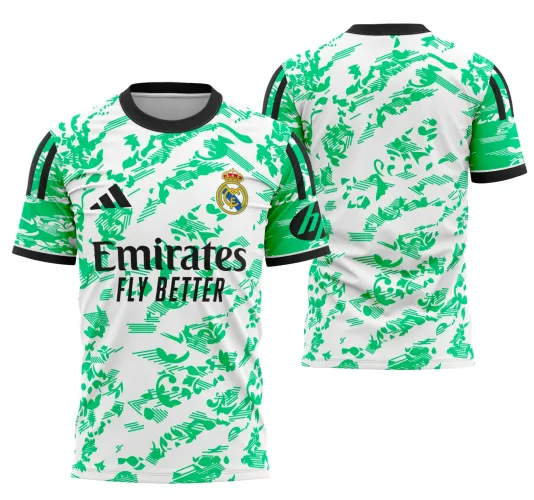 Camisa do Real Madrid com logo no peito e estampa grande nas costas, apresentando design moderno e elegante, destacando detalhes que remetem ao estilo contemporâneo do clube espanhol para 2025.