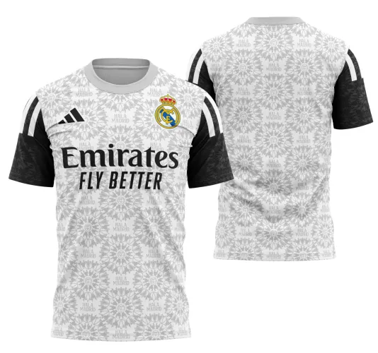 Camisa conceitual do Real Madrid com logo no peito e estampa grande nas costas, apresentando design moderno e detalhes sofisticados que destacam o espírito do clube.
