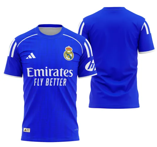Camisa do Real Madrid com logo no peito e estampa grande nas costas, mostrando design moderno e exclusivo em cores vibrantes que destacam o estilo único da equipe para 2025.