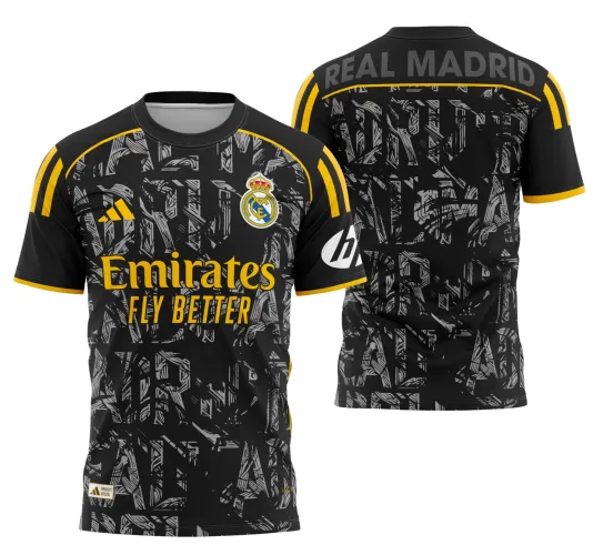 Foto da camisa do Real Madrid com logo no peito e estampa grande nas costas, destacando design inovador e cores modernas que remetem ao conceito de 2025, perfeita para quem ama futebol e estilo autêntico.