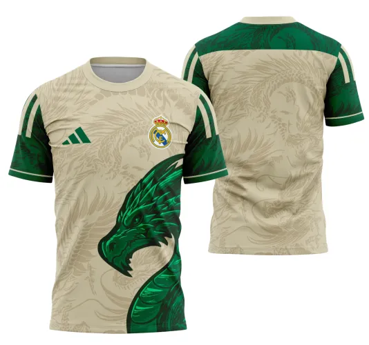 Camisa do Real Madrid estilizada com logo no peito e estampa grande nas costas destacando design inovador e cores vibrantes, ideal para fãs que buscam visual moderno e esportivo.