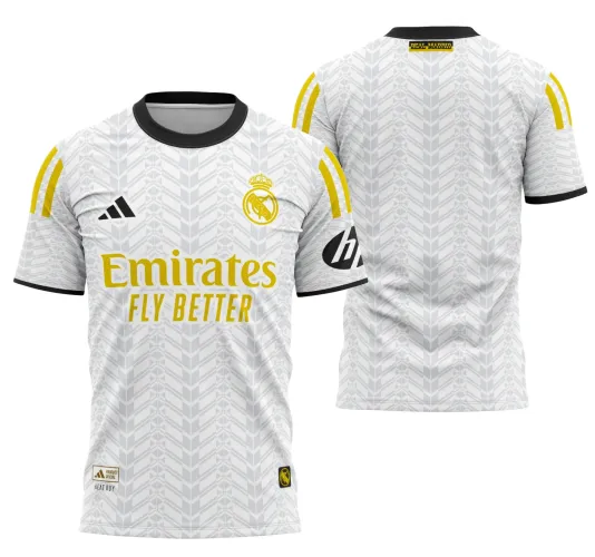 Foto da camisa conceito do Real Madrid com logo no peito e estampa grande nas costas em design moderno e elegante, apresentando cores e detalhes que ressaltam a identidade do clube espanhol.