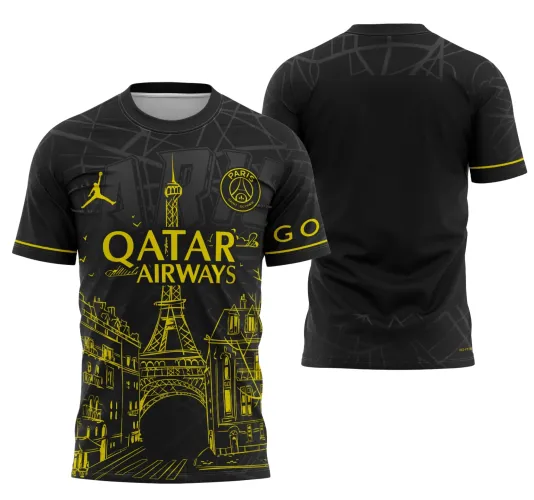 Imagem da camisa com logo no peito em destaque e estampa grande nas costas que traz um design moderno com inspiração urbana e detalhes que remetem à elegância e atmosfera de Paris.