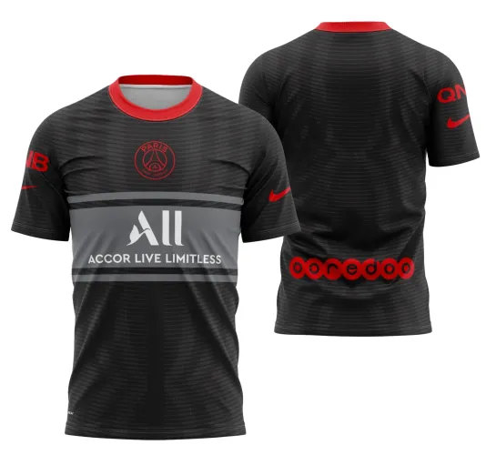 Camisa com logo no peito e estampa grande nas costas, apresentando design moderno e estilizado inspirado no clube PSG 2021 para fãs que buscam autenticidade e destaque nas combinações do dia a dia.