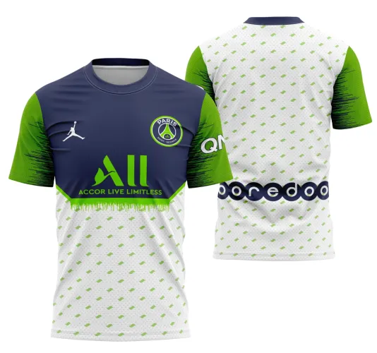 Camisa com logo no peito destacado e estampa grande nas costas que mostra design moderno do PSG 2022, combinando estilo esportivo e visual impactante com cores vibrantes e detalhes únicos.