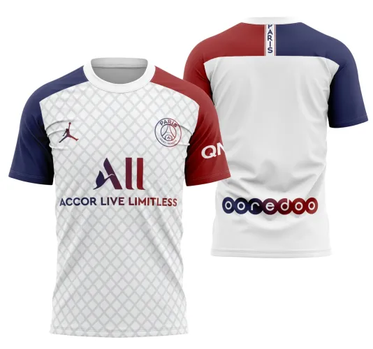 Camisa estilizada com logo no peito em destaque e estampa grande nas costas, apresentando design moderno e vibrante inspirado no time Psg 2022, ideal para quem curte visual autêntico e cheio de personalidade.