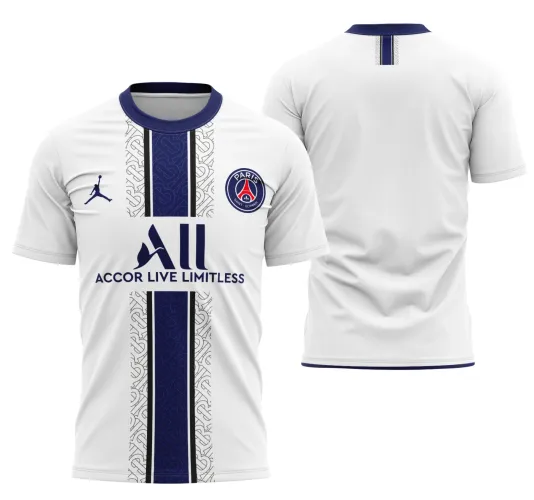 Imagem de uma camisa com o logo no peito e uma estampa grande nas costas, destacando um design moderno e vibrante inspirado no PSG 2022.