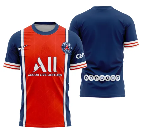 Imagem de camisa com logo no peito e estampa grande nas costas, apresentando design moderno e estilizado inspirado no conceito PSG 2022, perfeita para quem busca estilo e autenticidade em uma peça marcante.