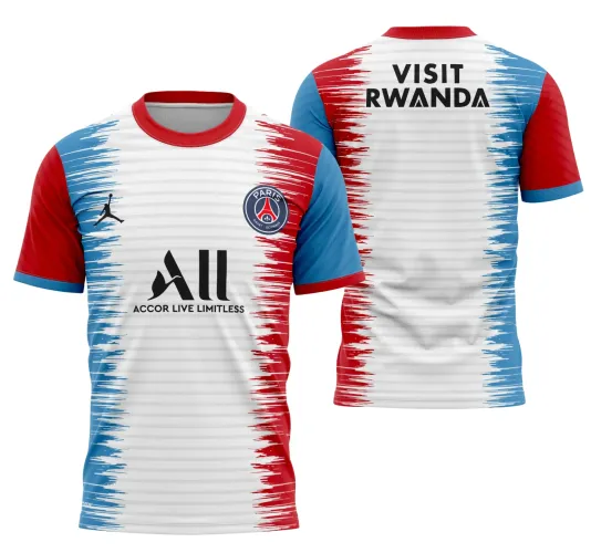 Vista frontal da camisa com logo no peito elegante e estampa grande nas costas vibrante, em cores que destacam o design moderno e esportivo para torcedores fãs do PSG.