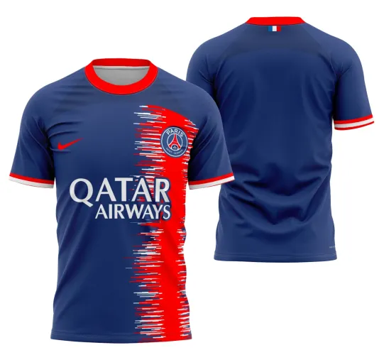 Camisa moderna com logo no peito e estampa grande nas costas destacando design estilizado inspirado no PSG 2023, ideal para quem busca visual impactante e diferenciado.