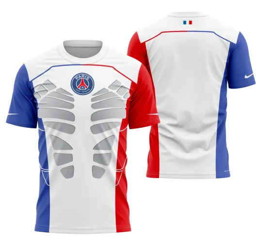Camisa PSG 2023 exibida com logo no peito destacado e estampa grande nas costas que traz um visual moderno e arrojado, perfeita para quem valoriza estilo e identidade esportiva.
