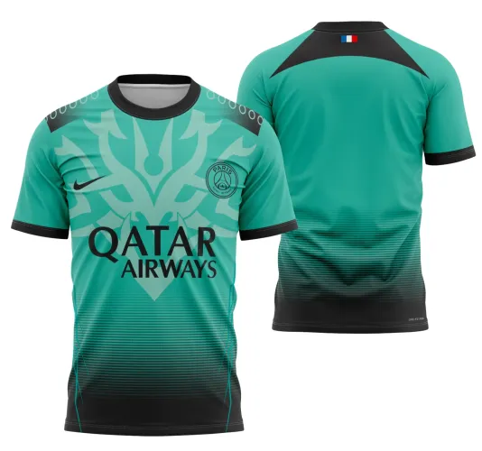 Camisa com logo no peito destacando o conceito do PSG 2023 e estampa grande nas costas que exibe design moderno e sofisticado, perfeita para amantes do estilo esportivo e urbano.