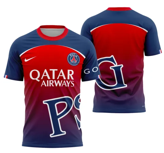 Camisa com logo no peito e estampa grande nas costas, apresentando design moderno e exclusivo inspirado no PSG 2023, com detalhes marcantes e acabamento vibrante para um visual autêntico e diferenciado.