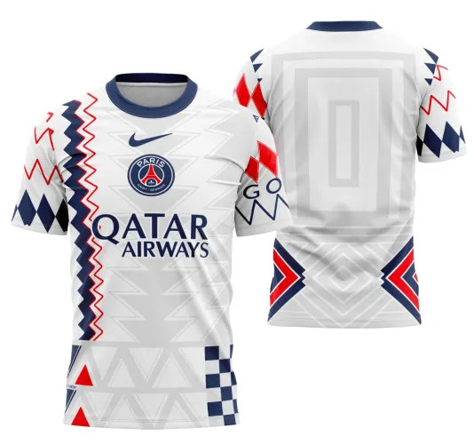 Camisa estilizada com logo no peito e estampa grande nas costas, destacando o design moderno e vibrante que representa a temporada 2023 do Paris Saint-Germain em tons marcantes e detalhes exclusivos.
