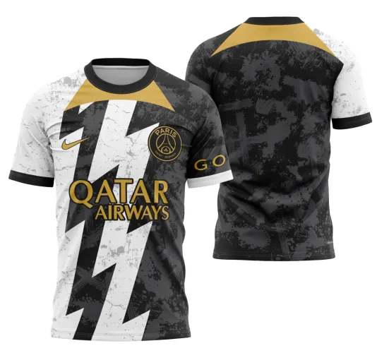 Imagem da camisa conceitual com logo no peito e estampa grande nas costas, exibindo design moderno com cores vibrantes e detalhes inspirados no estilo PSG 2023.