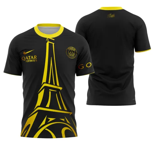 Camisa com logo no peito e estampa grande nas costas, apresentando um design moderno e arrojado inspirado no PSG 2023, com cores vibrantes e estilo esportivo marcante.