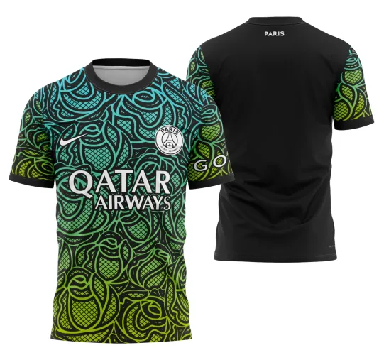 Camisa com logo no peito e estampa grande nas costas exibindo design moderno inspirado no PSG 2023, com cores vibrantes e detalhes que destacam estilo contemporâneo e atitude urbana.