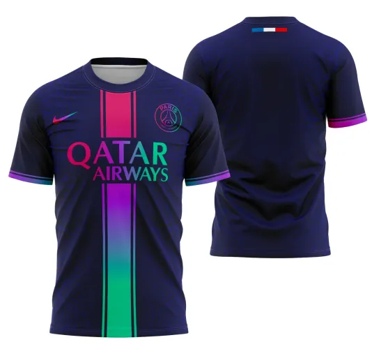 Camisa com logo no peito e estampa grande nas costas, apresenta design moderno com detalhes vibrantes inspirados no PSG 2024, ideal para quem valoriza estilo único e originalidade em cada detalhe.