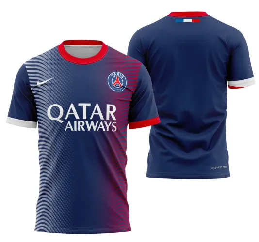 Camisa com logo no peito e estampa grande nas costas, apresentando design moderno e vibrante inspirado no estilo PSG 2024, com cores intensas e detalhes elegantes que destacam a peça