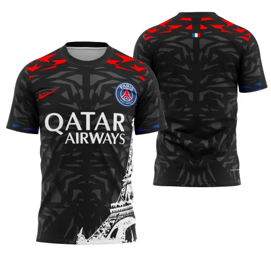 Imagem da camisa com logo no peito vibrante e uma estampa grande nas costas em design único e moderno, combinando cores e detalhes que evidenciam estilo e personalidade para fãs do PSG.