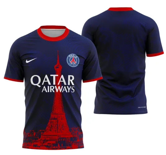 Foto da camisa com logo no peito e estampa grande nas costas, apresentando design futurista e moderno em cores vibrantes, ideal para fãs do estilo PSG 2025.