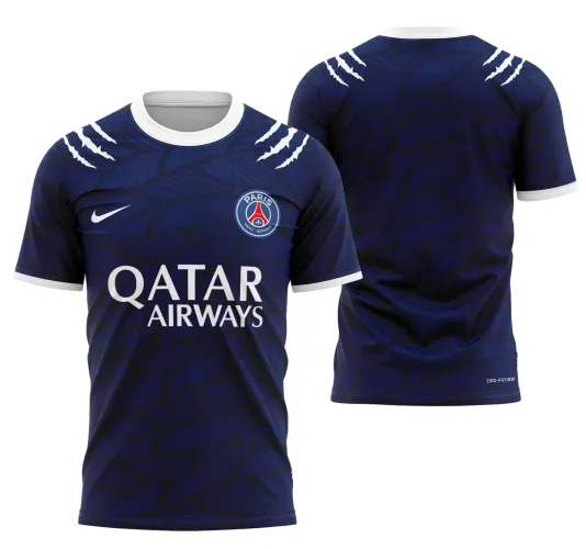 Camisa com logo no peito e estampa grande nas costas apresentando design moderno inspirado no PSG 2025, cores vibrantes e detalhes gráficos que destacam estilo urbano e esportivo.