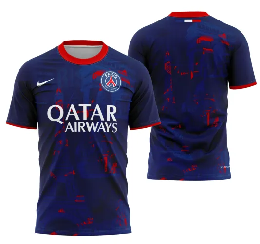Foto da camisa com logo no peito e estampa grande nas costas, destacando um design moderno e inovador, com cores vibrantes e visual atraente que remetem ao estilo esportivo do PSG 2025.