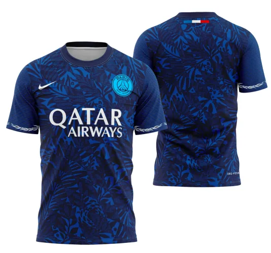 Camisa elegante com logo no peito e estampa grande nas costas, exibindo design moderno e vibrante que destaca a identidade do PSG 2025 com cores e detalhes marcantes para um visual exclusivo.