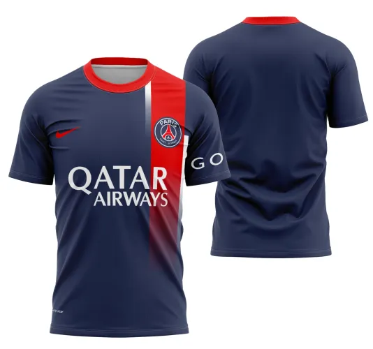Camisa PSG com logo no peito e estampa grande nas costas, trazendo design exclusivo para os torcedores apaixonados, com cores vibrantes e visual moderno que realça a identidade do time em cada detalhe.