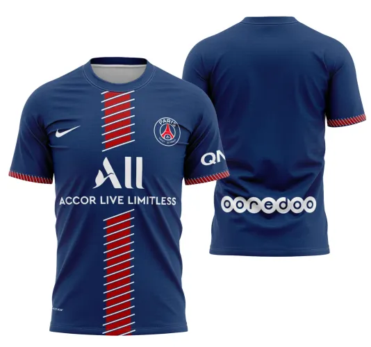 Camisa estilizada com logo no peito e estampa grande nas costas em design moderno, mostrando cores vibrantes e detalhes marcantes que destacam a inspiração na equipe PSG.