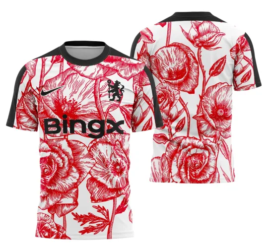 Foto de camisa com logo do Chelsea no peito e estampa grande nas costas celebrando o dia 25-26 da memória pré-jogo com design vibrante e detalhes únicos inspirados no clube