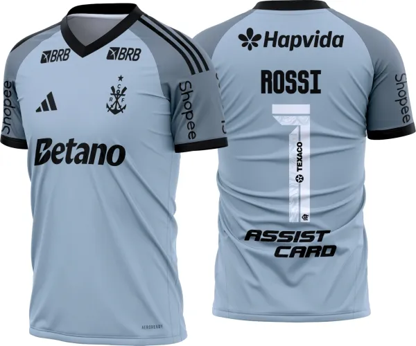 Camisa do Flamengo para goleiro exibindo o logo no peito com uma estampa grande nas costas que destaca o design oficial para a temporada 2026-27, com cores vibrantes e detalhes modernos.