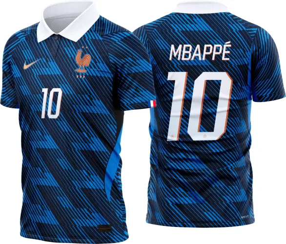 Camisa final com logo no peito e estampa grande nas costas, destacando o design exclusivo da seleção França para o período 2026-2028, cores vibrantes e detalhes impecáveis.